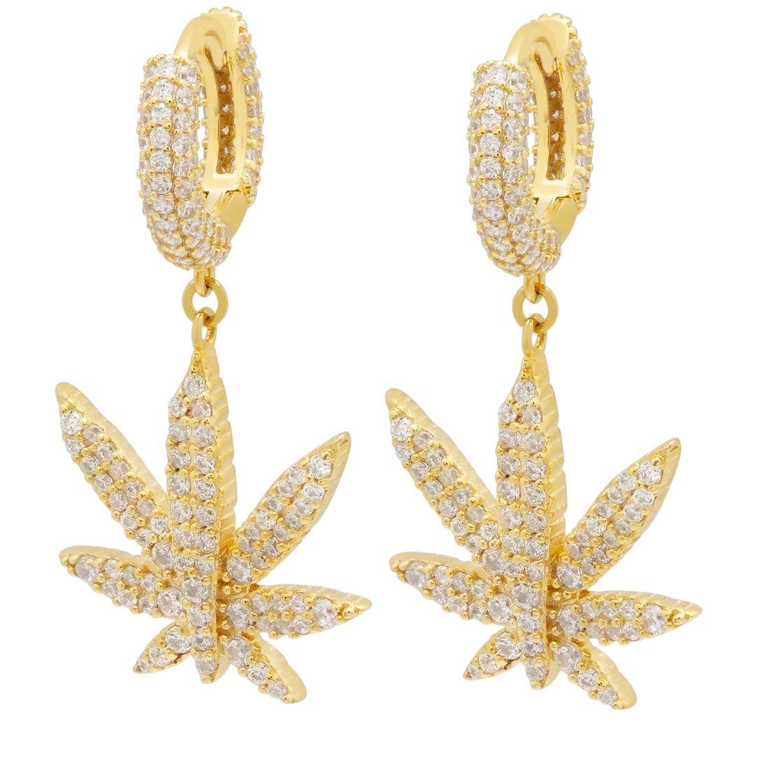King Ice Iced Cannabis Leaf Hanging Earrings - Gold - GOLD